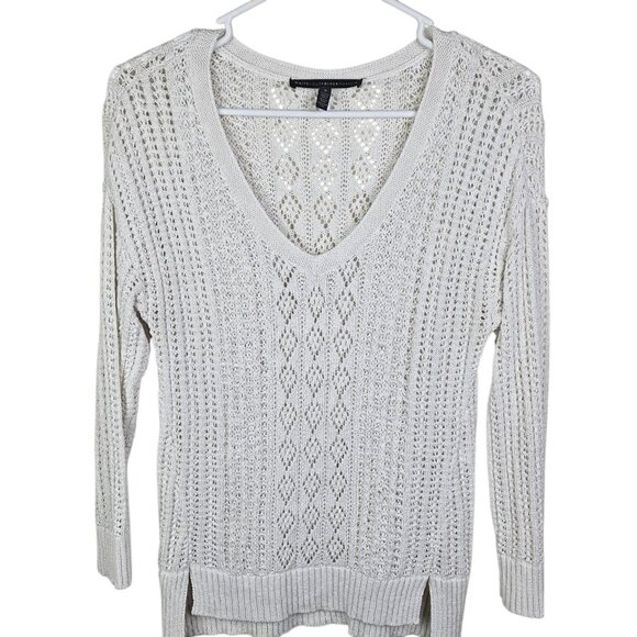 White House Black Market Linen Blend Crochet V-Neck Sweater Size‎ Small - Picture 1 of 10